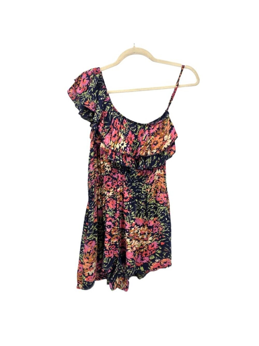 Vintage Wet Seal Womens Medium Romper One Shoulder Ruffle Multicolor Pockets Y2K